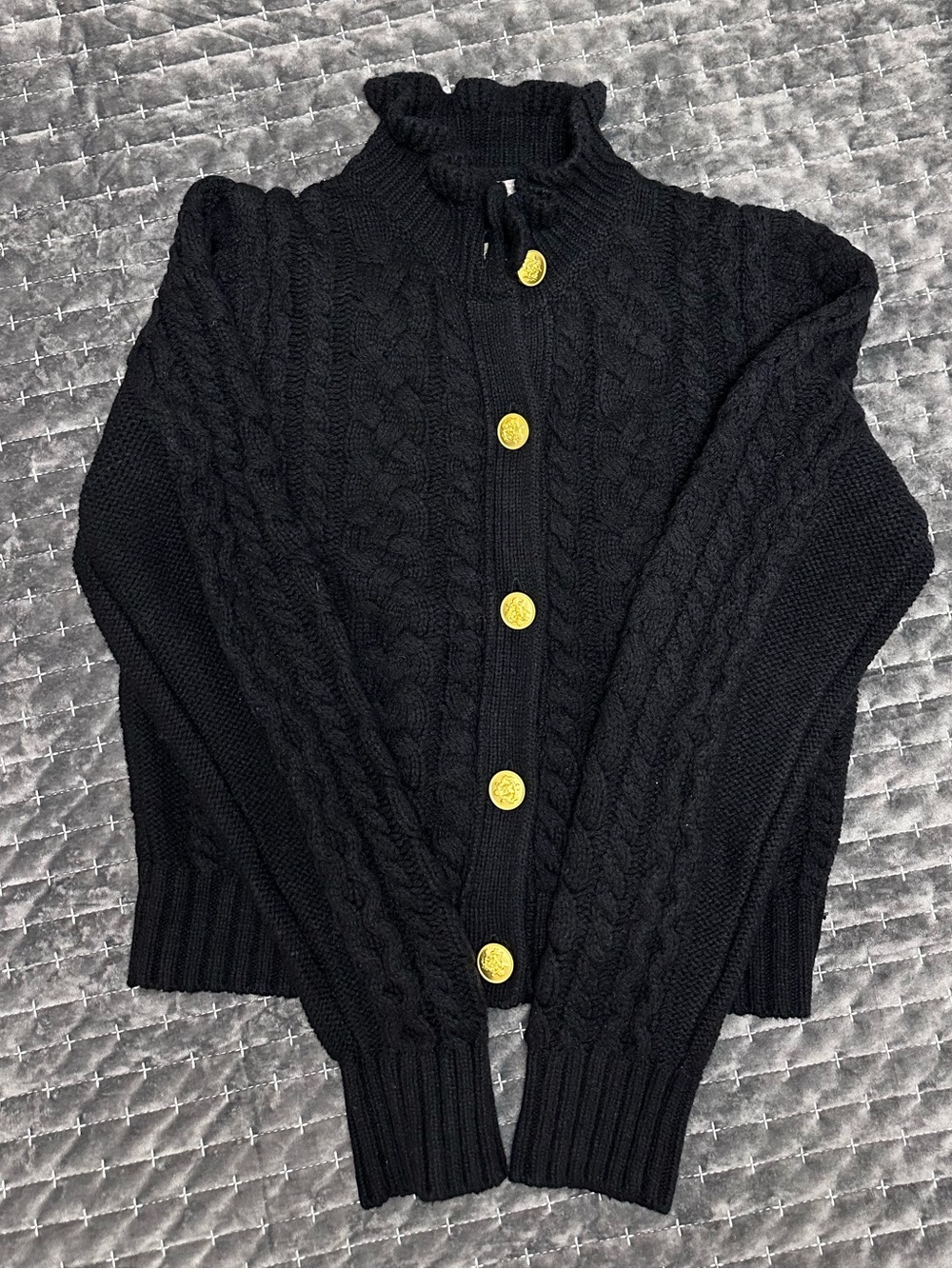 J.Crew Black Cable Knit Lambswool Cardigan Sweater Gold Buttons Size M